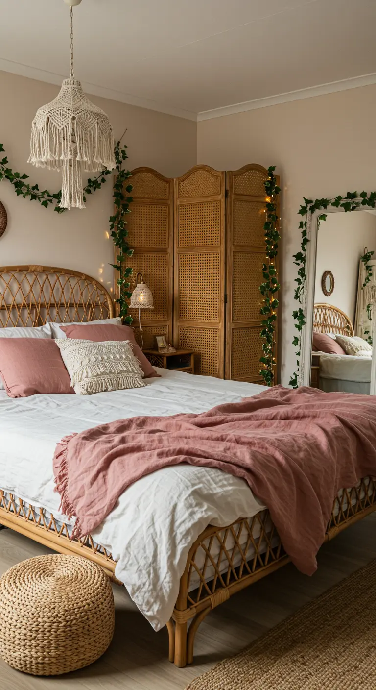 Chambre bohème avec un lit en rotin, une suspension en macramé et des guirlandes de lierre.