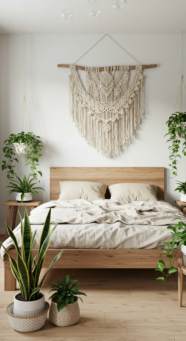 Tête de lit remplacée par une grande tenture murale en macramé, entourée de plantes vertes.