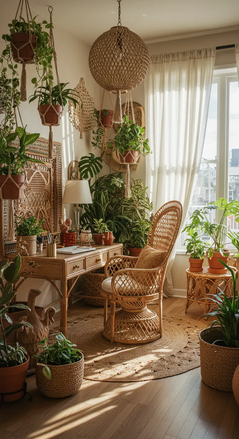 Bureau en rotin dans un espace de vie de style bohème, rempli de plantes suspendues et au sol.