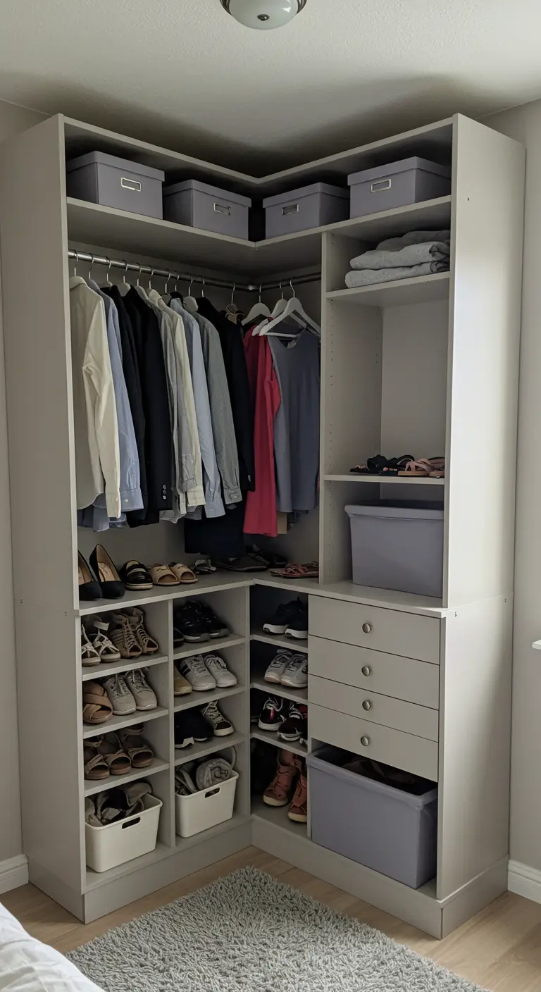 Dressing d'angle modulaire de couleur grise avec penderie, étagères et tiroirs.