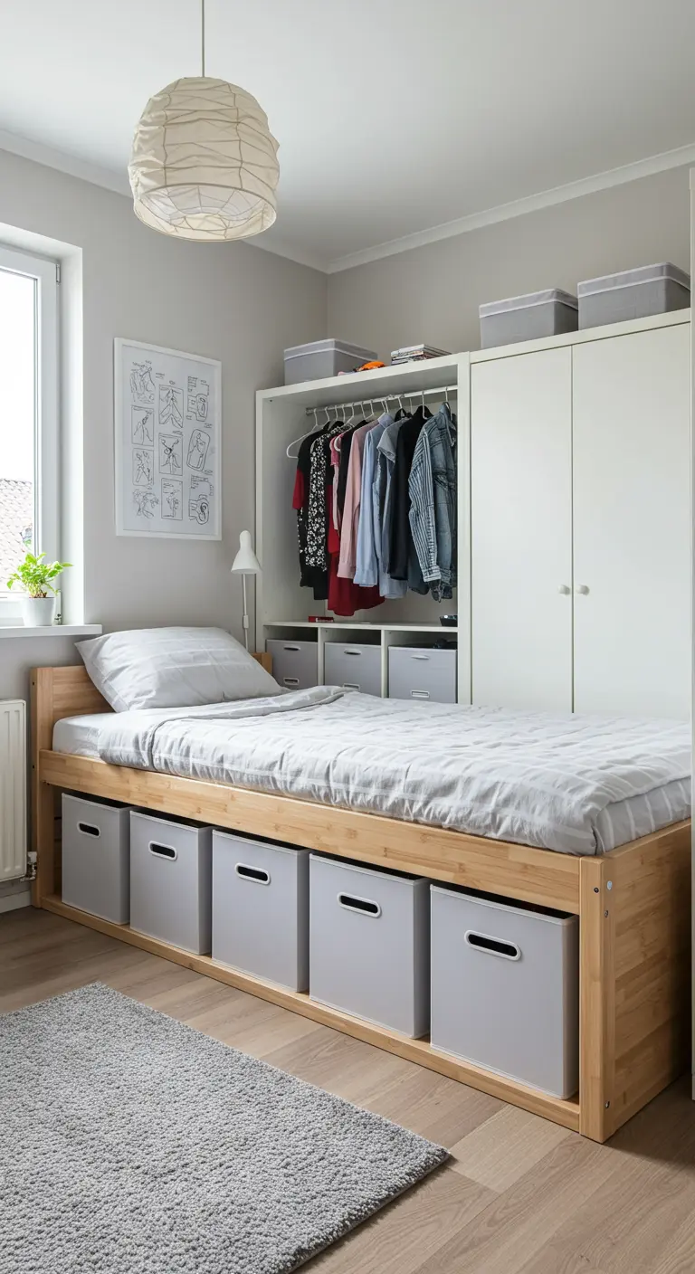 Chambre scandinave avec un lit en bois sous lequel sont alignées des boîtes de rangement grises identiques.