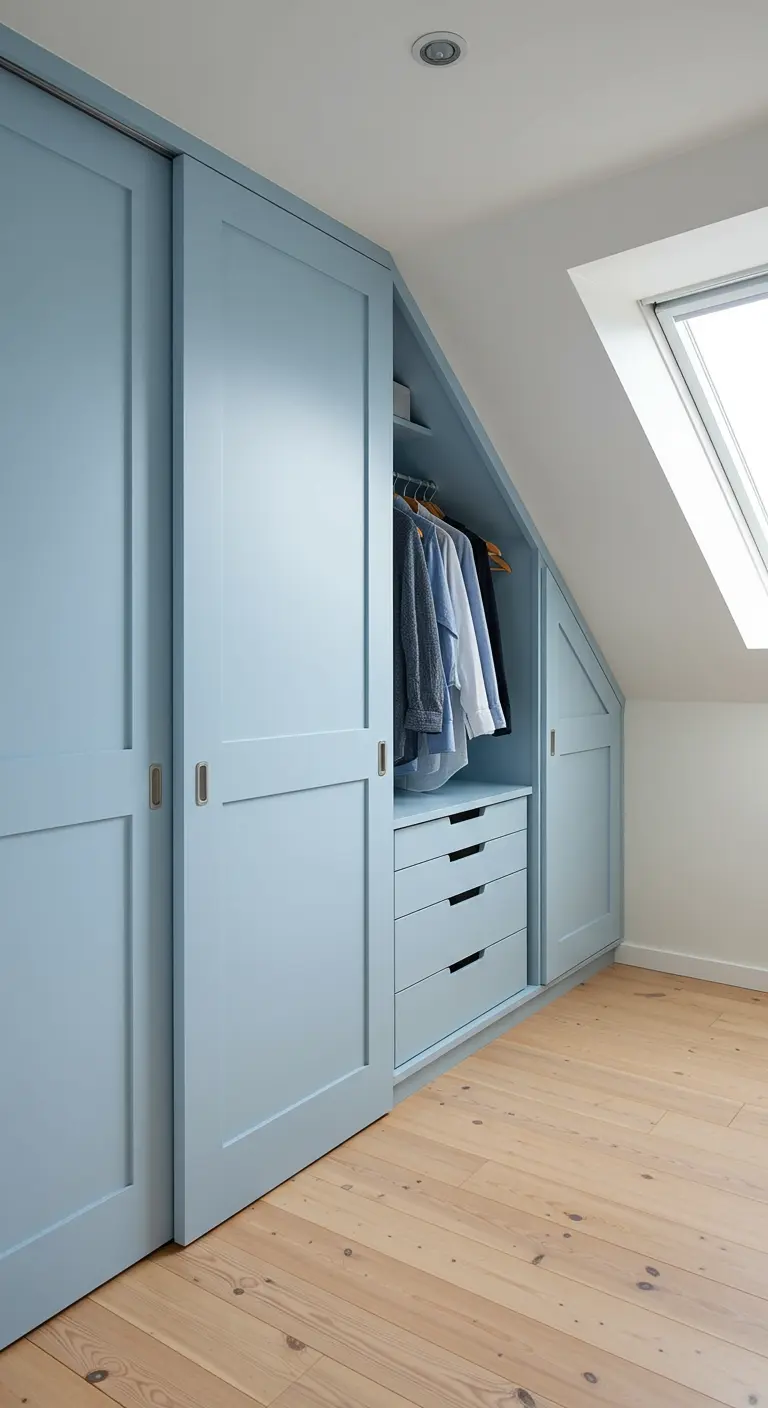Dressing sur mesure sous pente avec portes coulissantes bleu pastel.