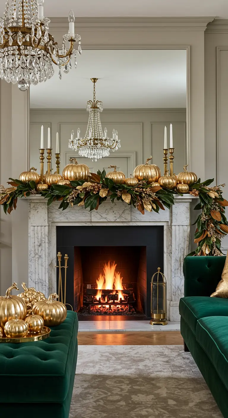 Décoration de cheminée luxueuse avec des citrouilles dorées et une guirlande de magnolia.
