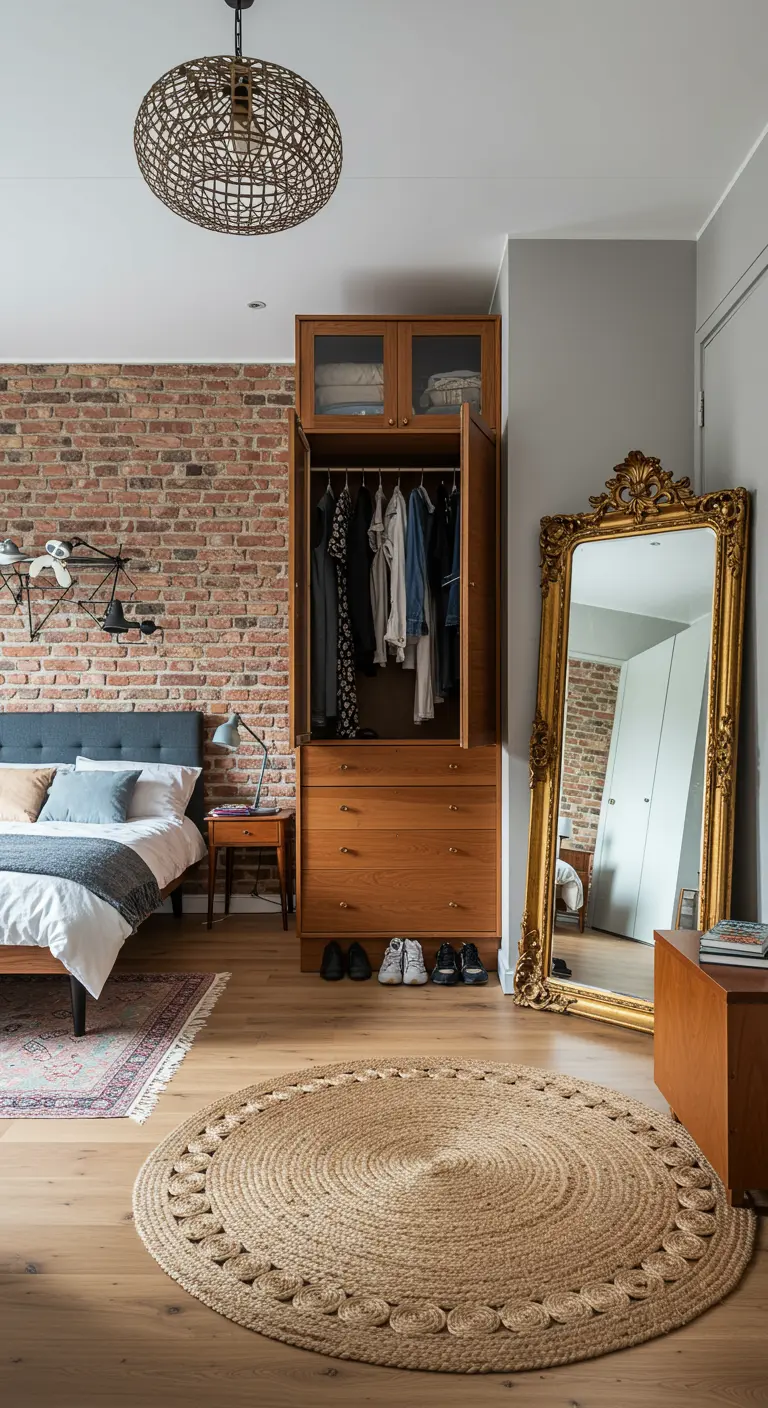 Chambre avec mur de briques, grand miroir doré baroque et mobilier en bois.
