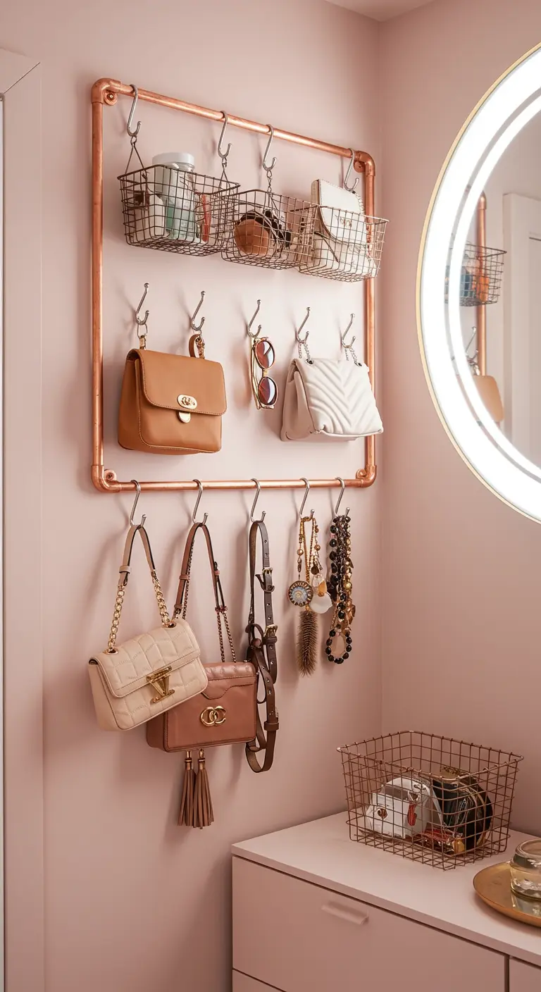 Rangement mural en tuyaux de cuivre avec crochets et paniers pour sacs.