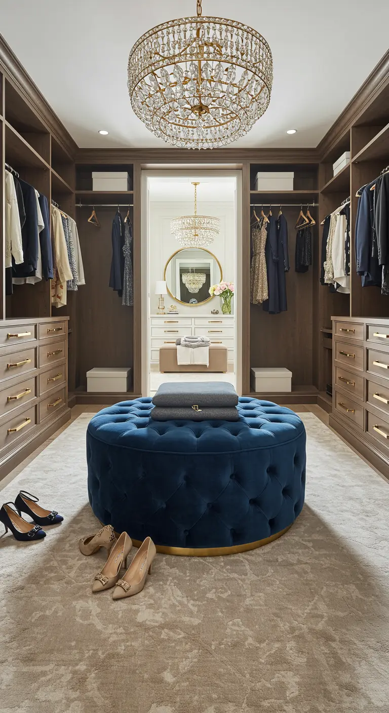 Grand dressing en bois sombre avec un large ottoman capitonné en velours bleu au centre.