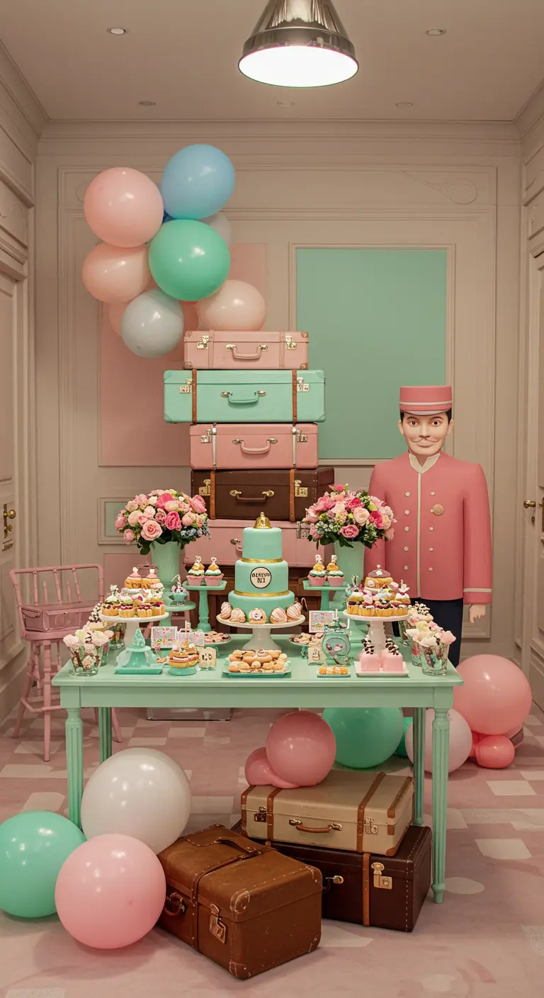Buffet pastel sur le thème de Grand Budapest Hotel avec des valises vintage.