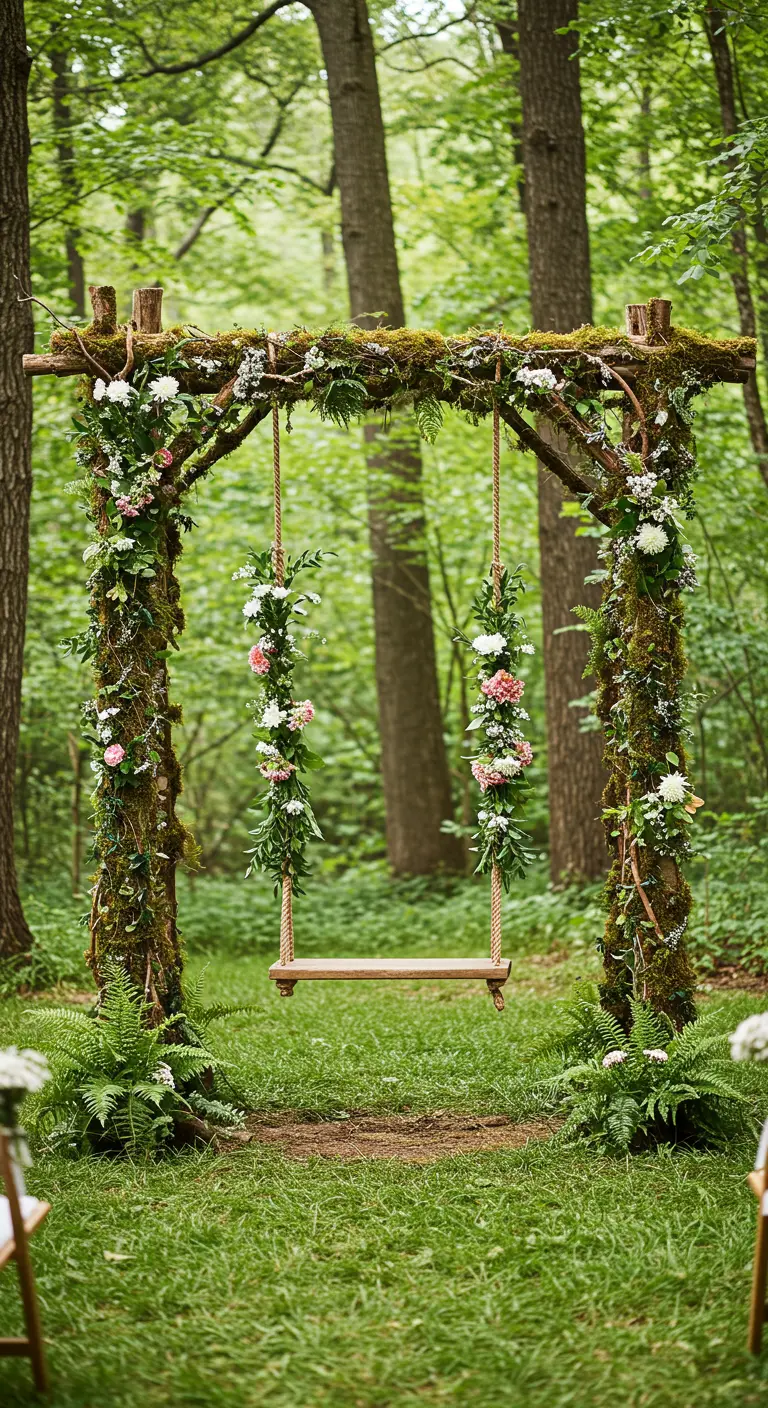 Balançoire en bois suspendue à une arche rustique fleurie dans un cadre forestier.