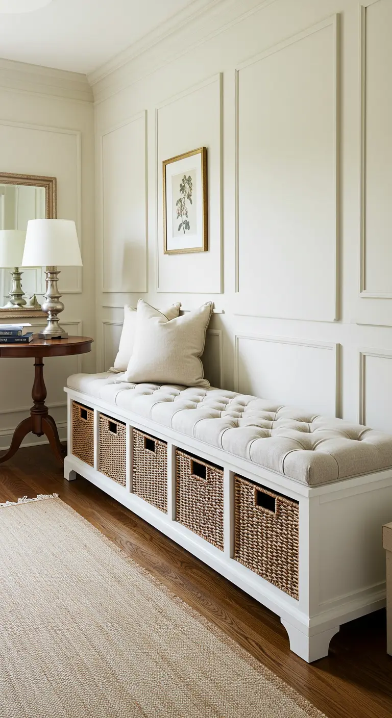 Une banquette blanche avec un coussin capitonné et des paniers de rangement en osier dans les niches.