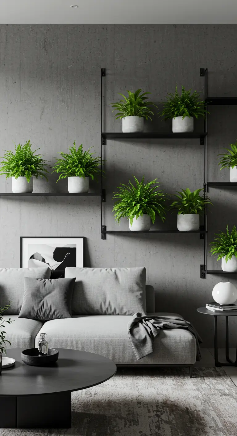 Étagères métalliques noires sur un mur en béton gris, garnies de fougères dans des pots blancs.