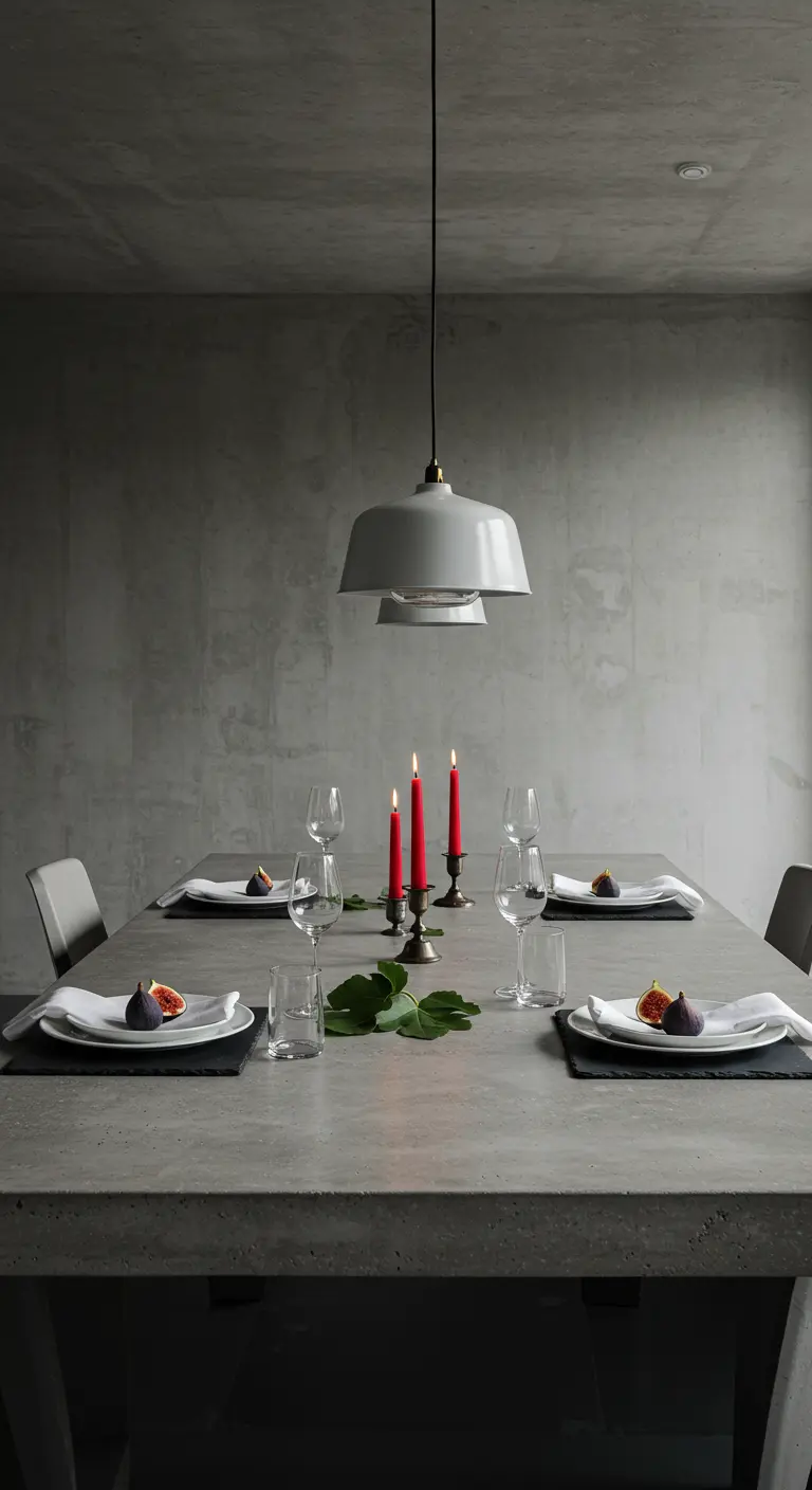 Table en béton avec des bougies rouges et des figues coupées.