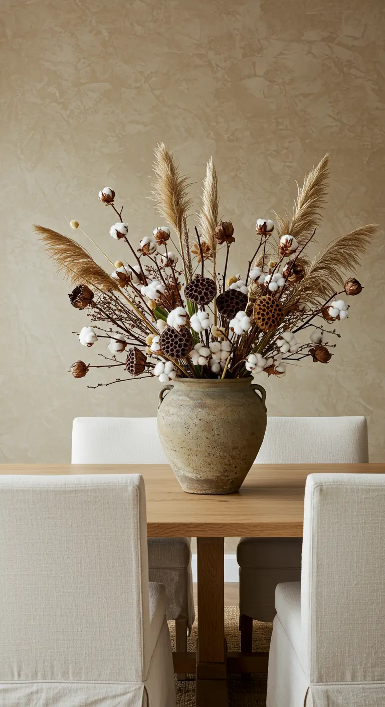 Grand vase en céramique rempli d'un bouquet de fleurs séchées, incluant du coton et des herbes.