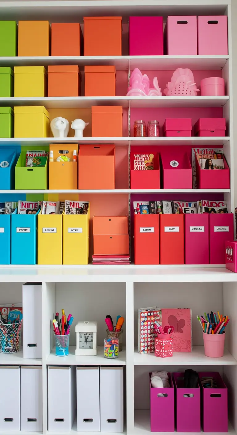 Grande étagère blanche remplie de boîtes de rangement et de classeurs organisés par couleur.