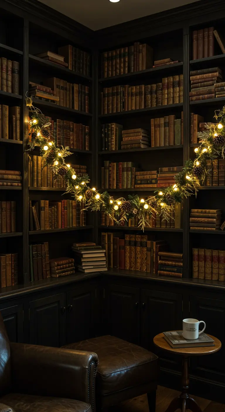 Bibliothèque sombre illuminée par une guirlande de sapin, pommes de pin et lumières.