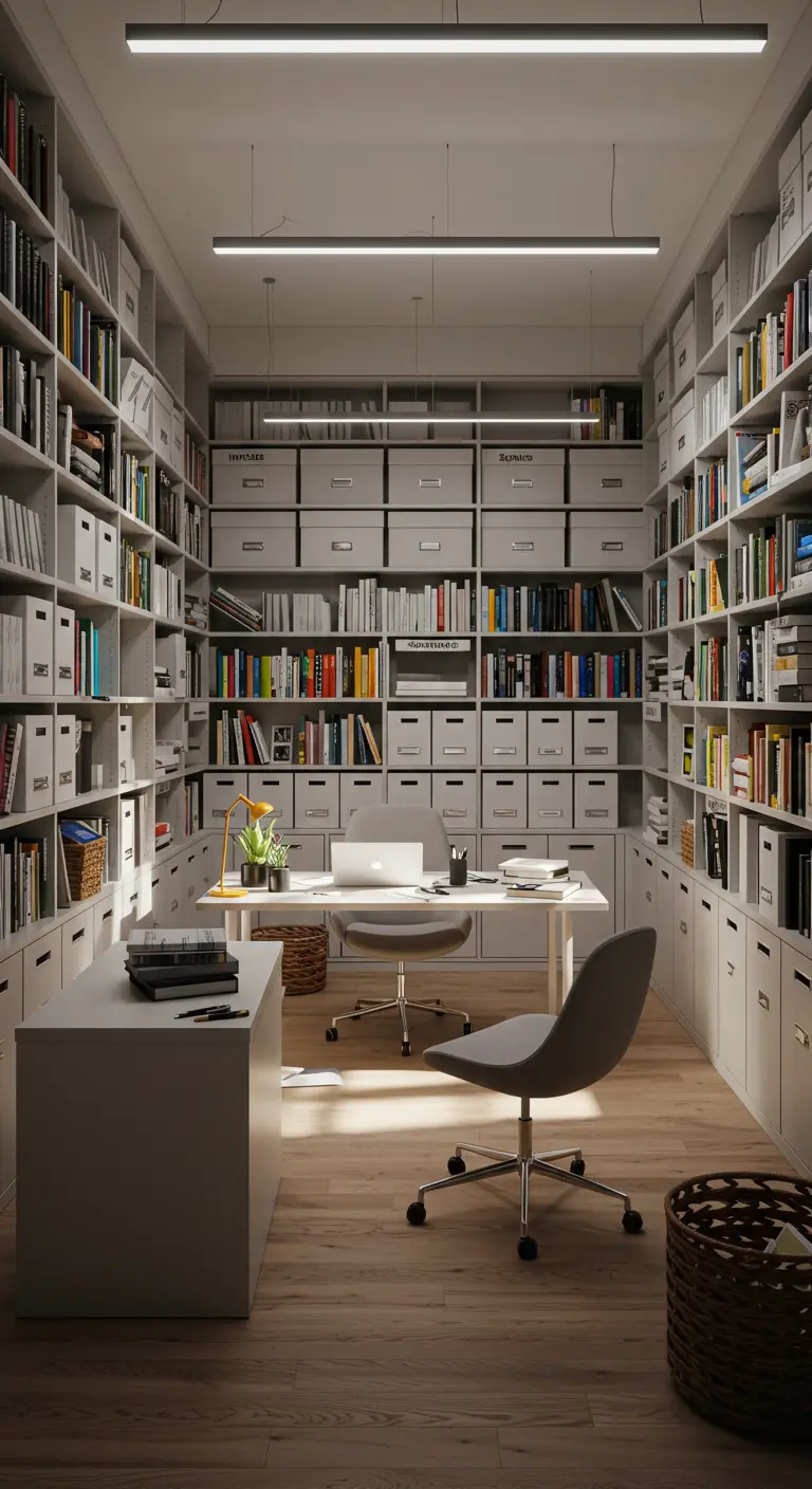 Pièce de bureau entièrement tapissée d'étagères avec des boîtes d'archives blanches.