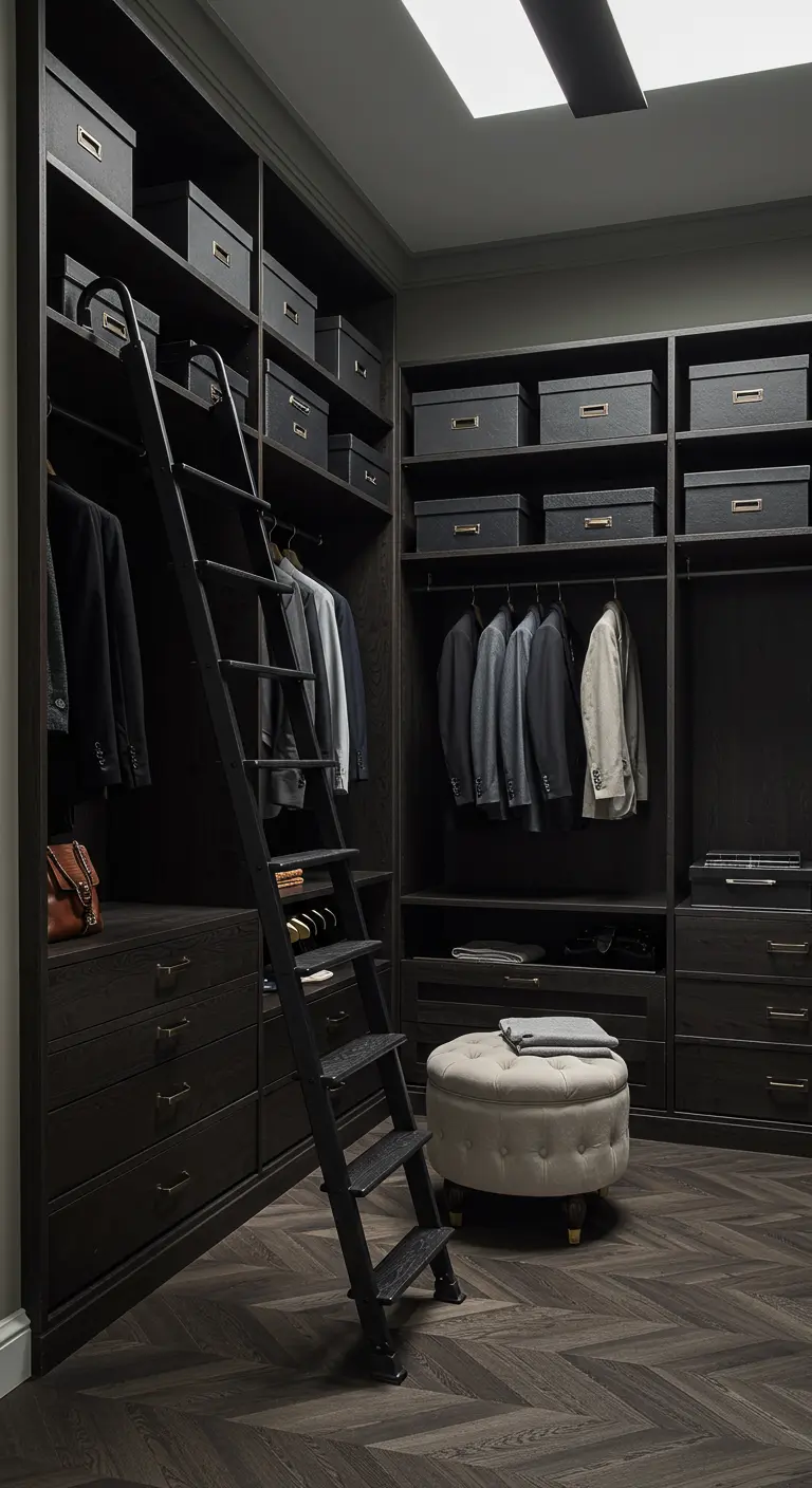 Dressing noir très chic avec des rangements organisés et une échelle de bibliothèque.