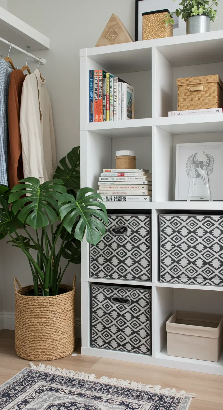Étagère cube blanche avec paniers à motifs, livres et une grande plante.