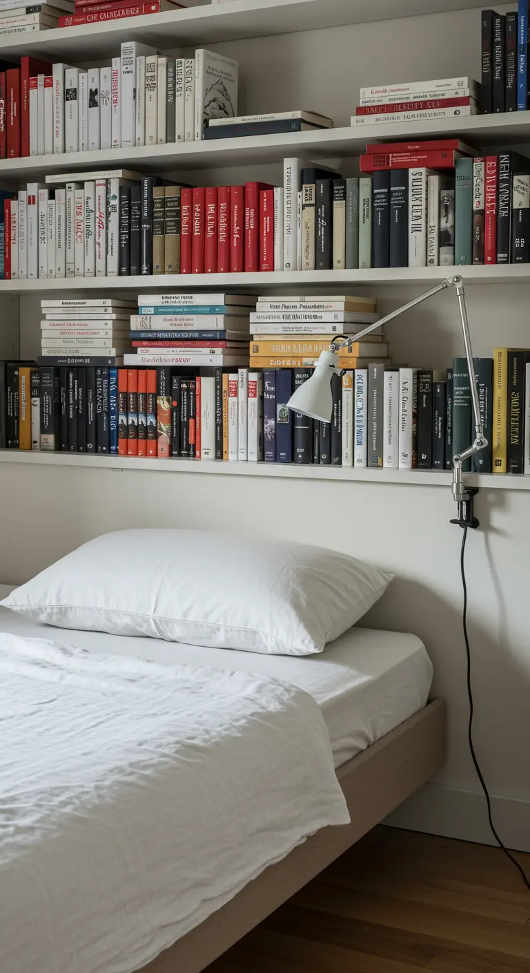 Des étagères blanches remplies de livres couvrent le mur derrière le lit, servant de tête de lit.