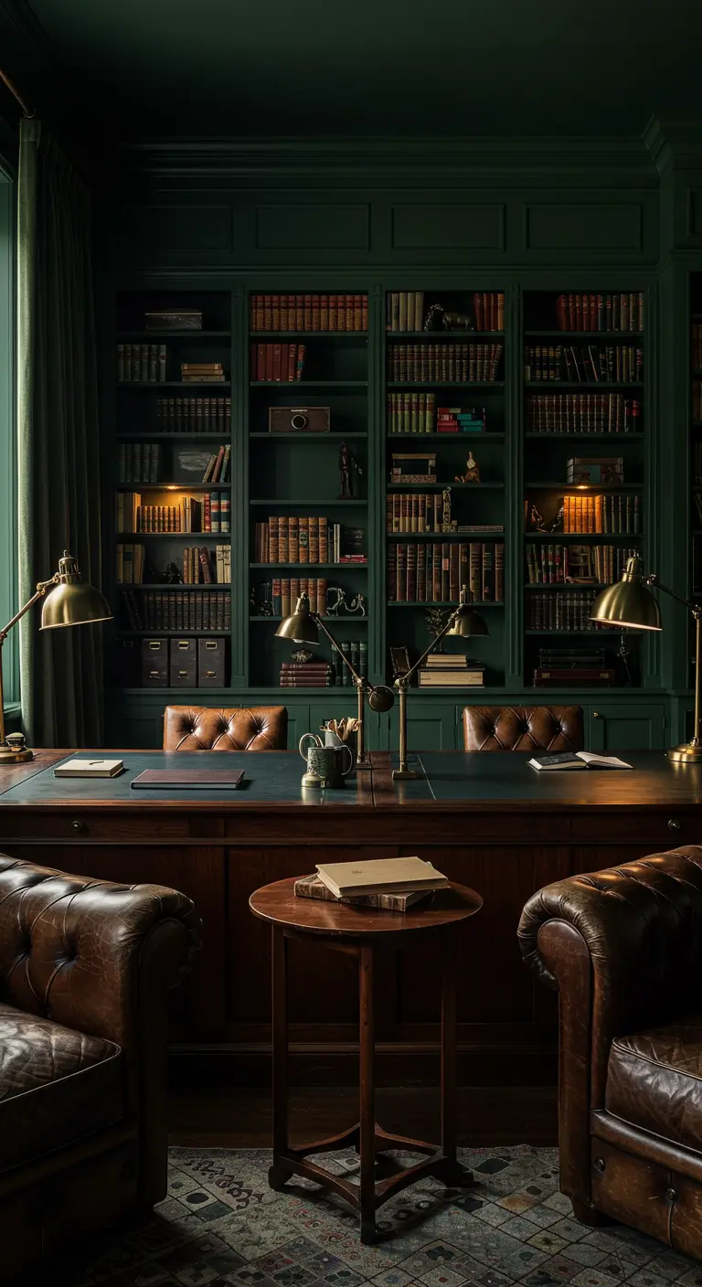 Bureau double de style bibliothèque anglaise, avec murs verts, bibliothèques intégrées et fauteuils en cuir.