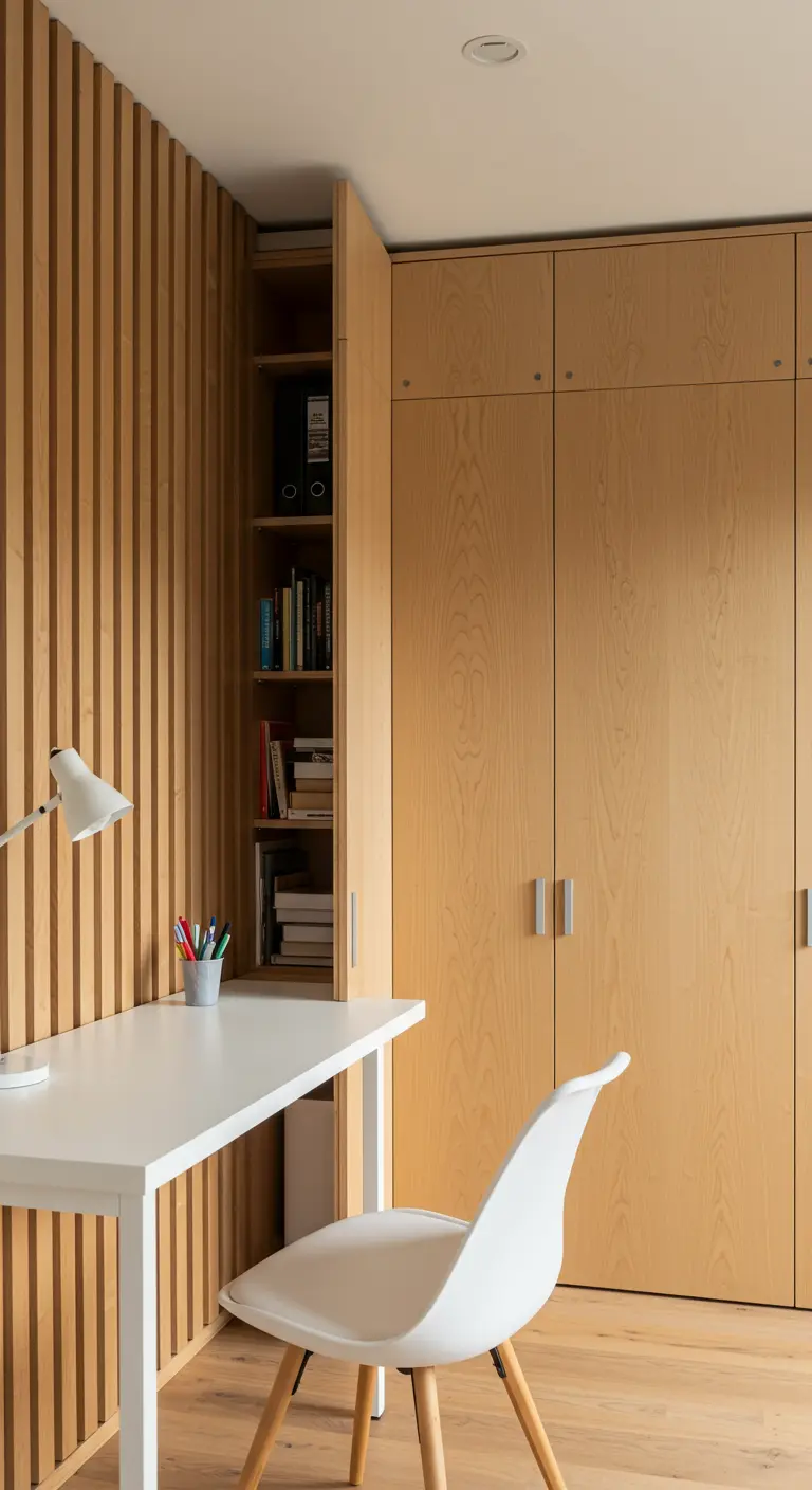 Bureau blanc à côté d'un mur en lattes de bois avec une porte de placard cachée.