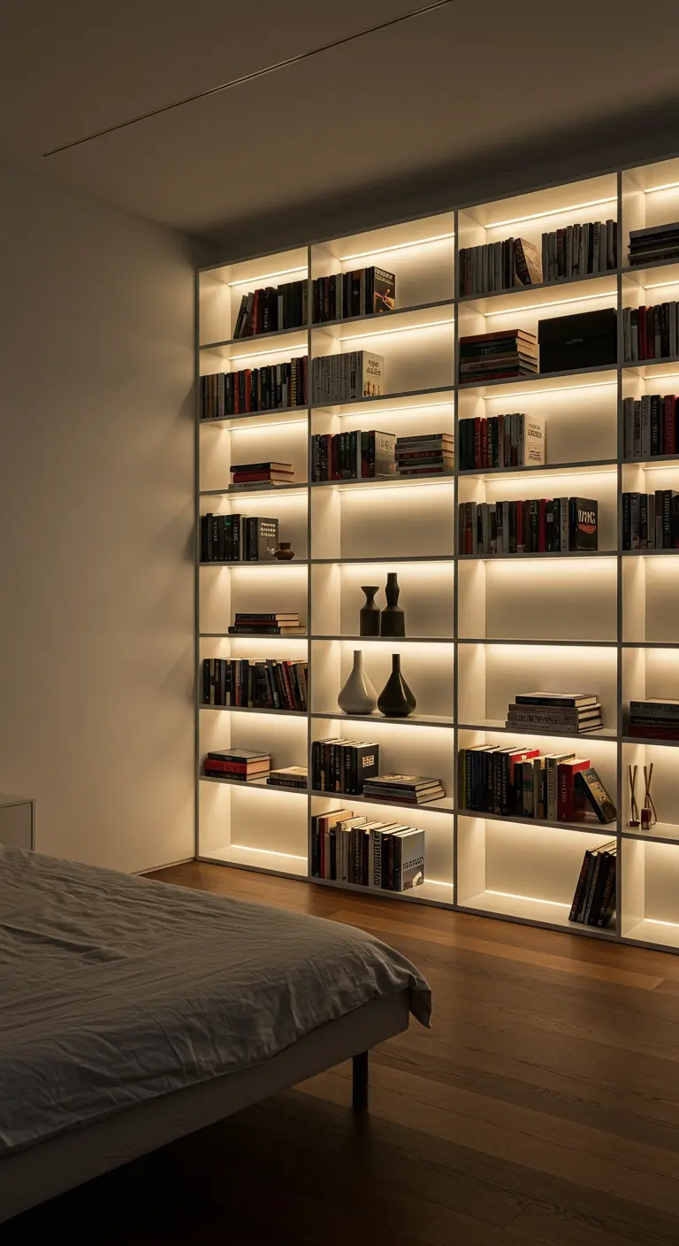 Une grande bibliothèque blanche éclairée de l'intérieur par des bandeaux LED sur chaque étagère.