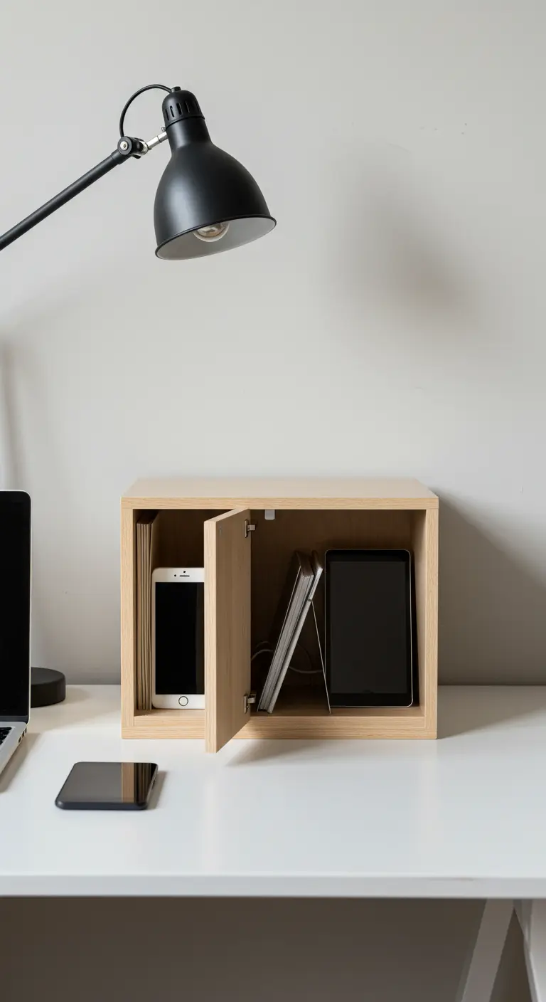 Boîte en bois sur un bureau servant de station de charge cachée pour téléphone et tablette.
