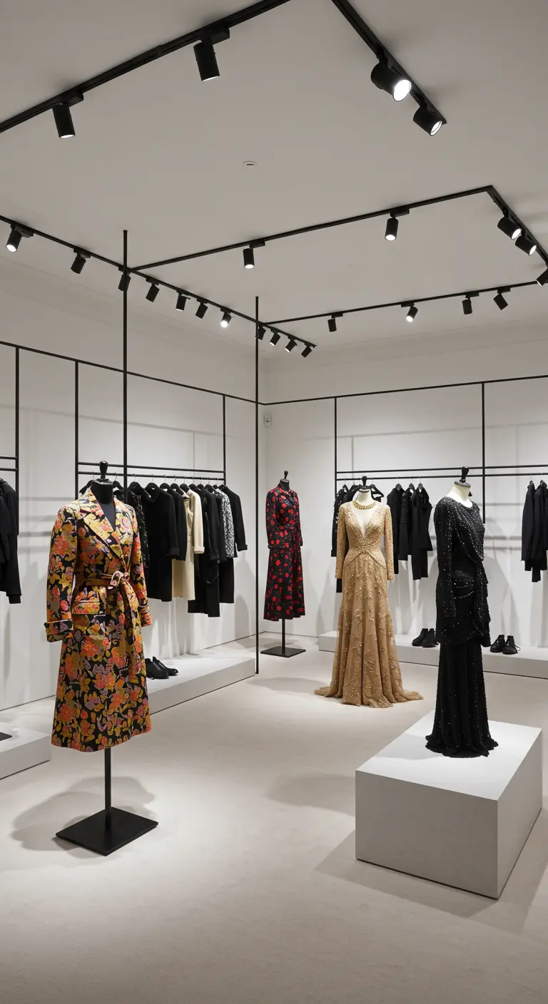 Espace dressing inspiré d'une boutique, avec des mannequins et un éclairage sur rail.