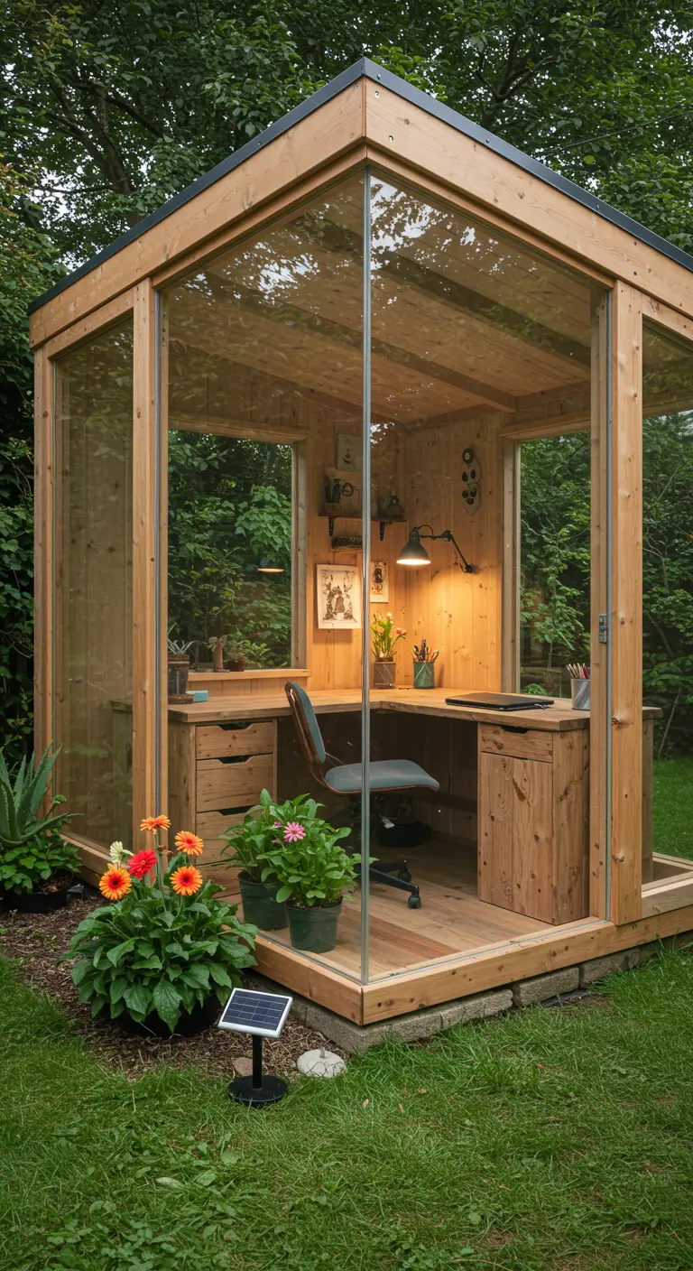 Bureau aménagé dans une cabane de jardin moderne en bois et en verre, avec un panneau solaire.