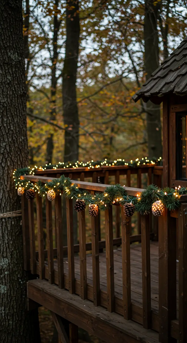 Balcon de cabane en bois décoré d'une guirlande de sapin et pommes de pin lumineuse.