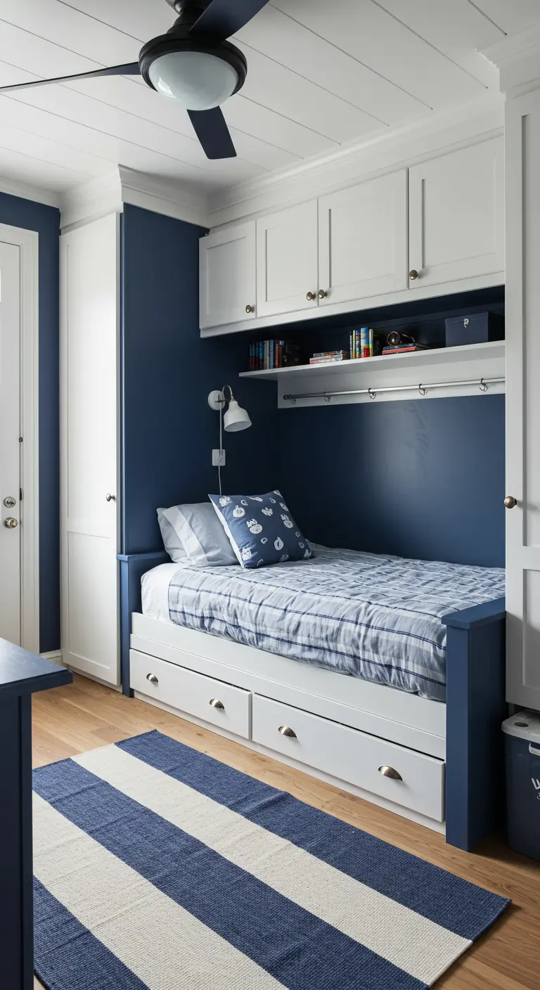 Chambre d'enfant de style marin avec un lit encastré dans une structure de rangement bleue et blanche.