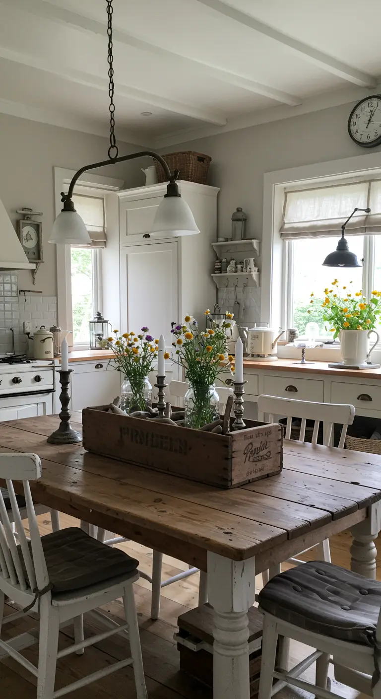 Caisse en bois vintage avec des bocaux de fleurs des champs et des chandeliers.
