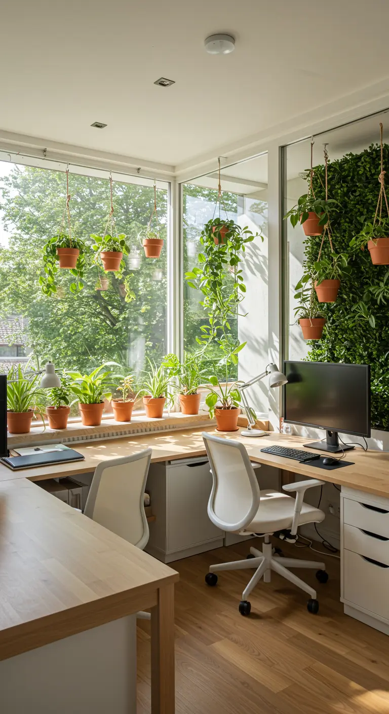 Bureau d'angle lumineux avec des plantes suspendues et en pots, créant une ambiance de jungle urbaine.