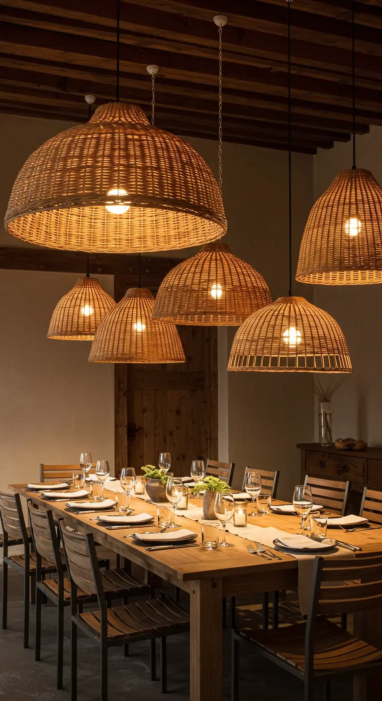 Groupe d'abat-jours en rotin de différentes tailles suspendus au-dessus d'une table en bois.