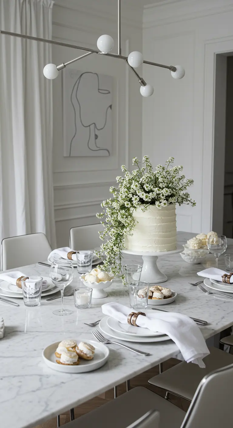 Gâteau blanc décoré d'une cascade de gypsophile sur une table minimaliste.