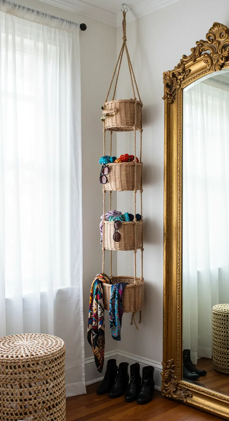 Paniers en osier suspendus par une corde pour ranger des accessoires.