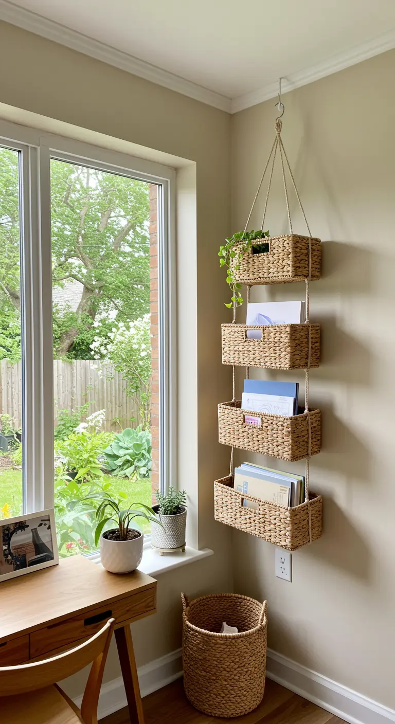 Rangement mural vertical composé de quatre paniers en osier suspendus par des cordes.