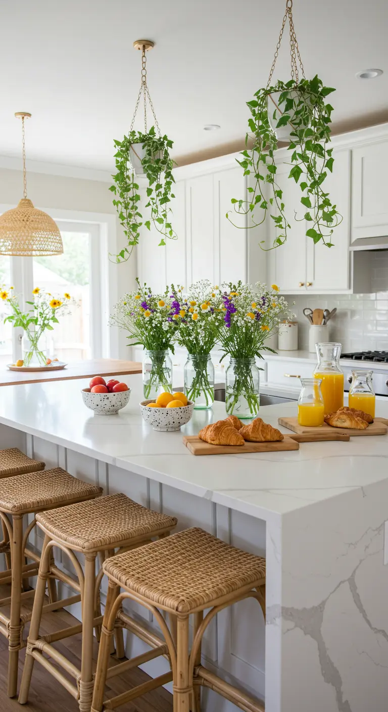 Îlot de cuisine décoré de vases de fleurs sauvages et de plantes suspendues pour un brunch.