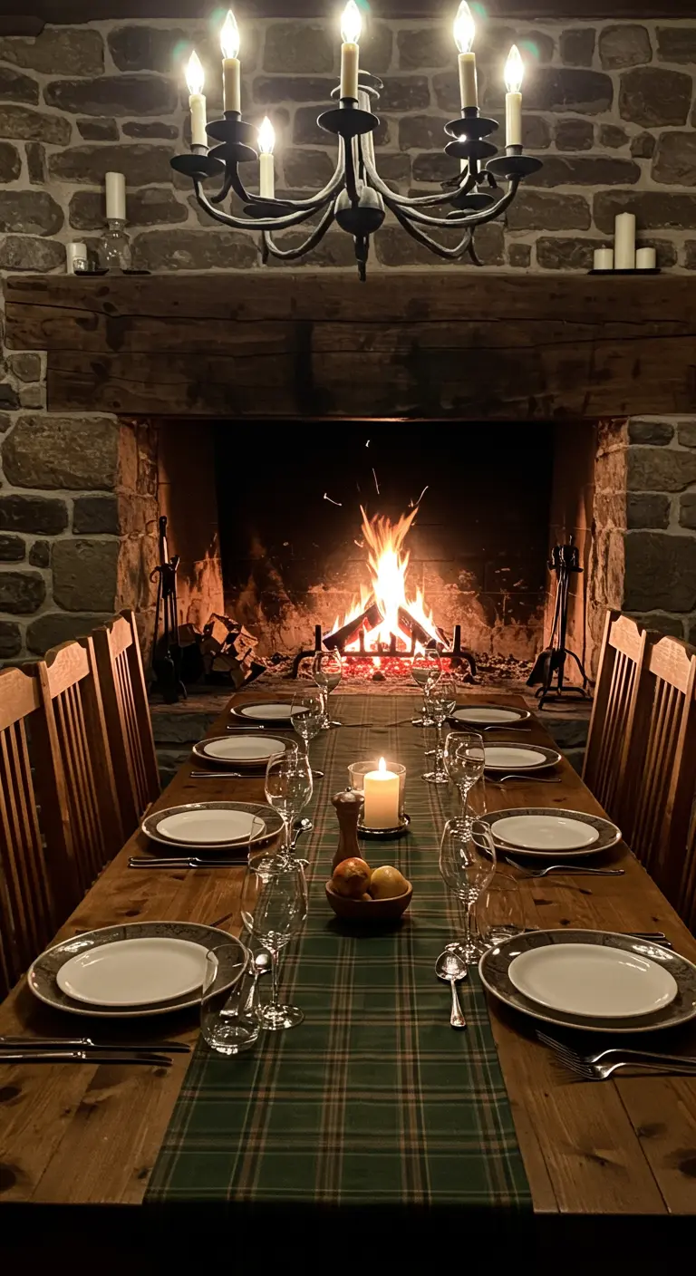 Table de dîner rustique dressée devant une grande cheminée en pierre avec un feu crépitant.