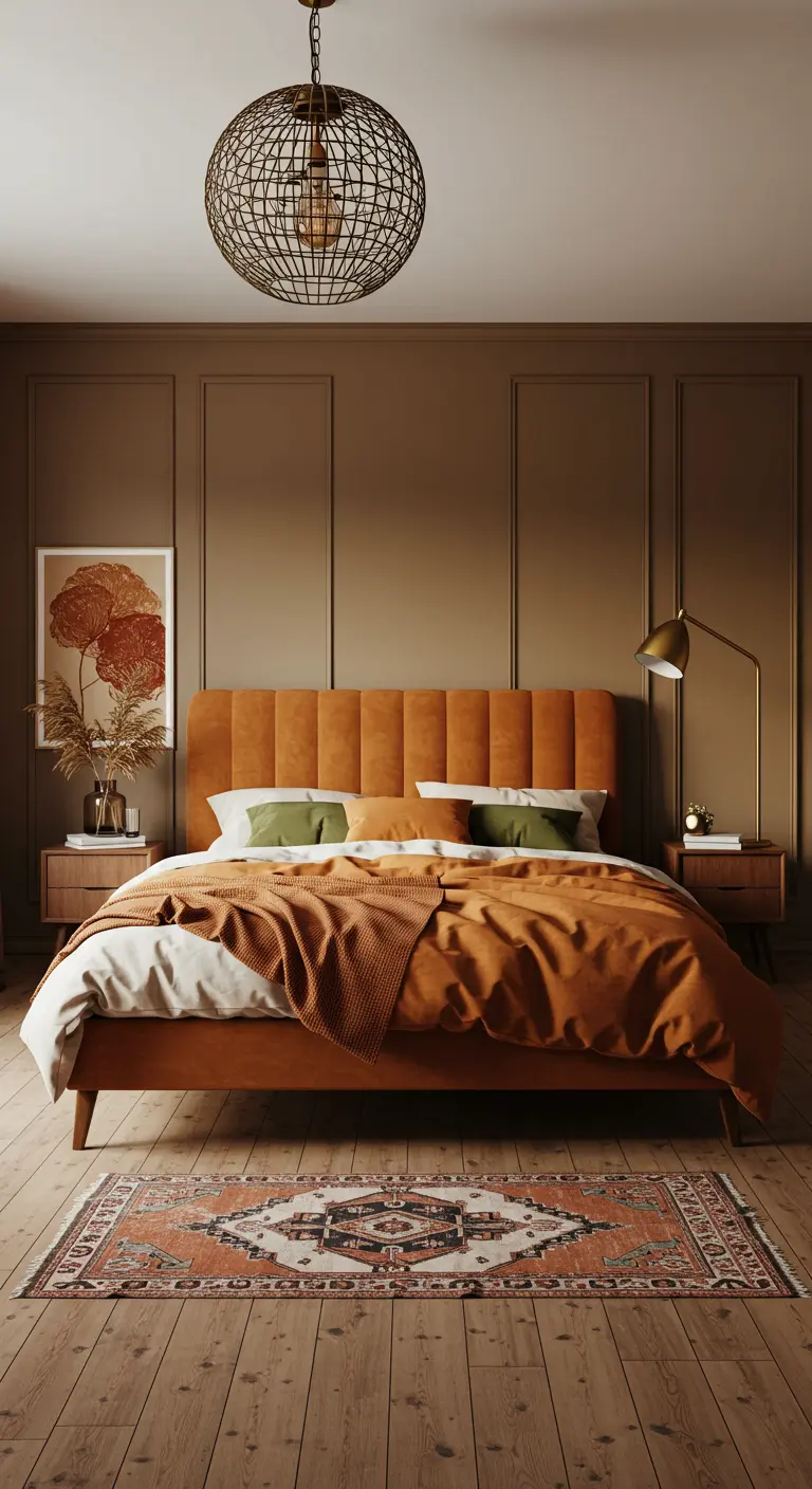 Tête de lit verticale en velours terracotta dans une chambre aux tons chauds.