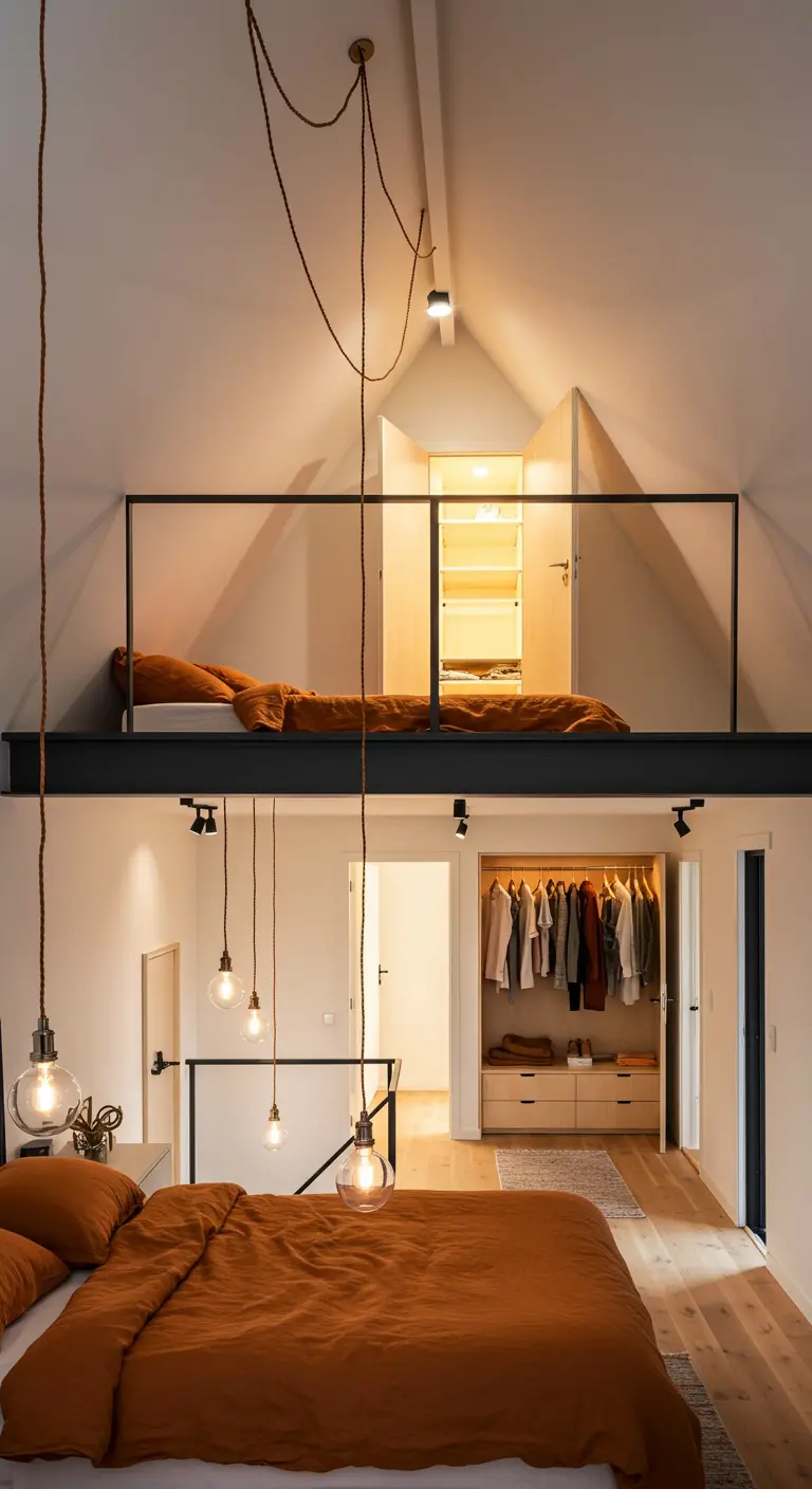 Chambre en duplex avec un lit en mezzanine, un dressing en bas et des suspensions industrielles.