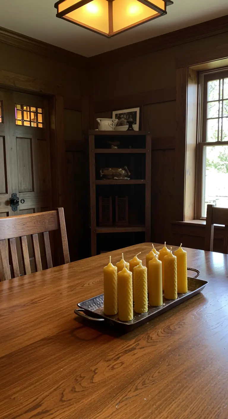 Plusieurs bougies en cire d'abeille de couleur miel disposées sur un plateau en métal.