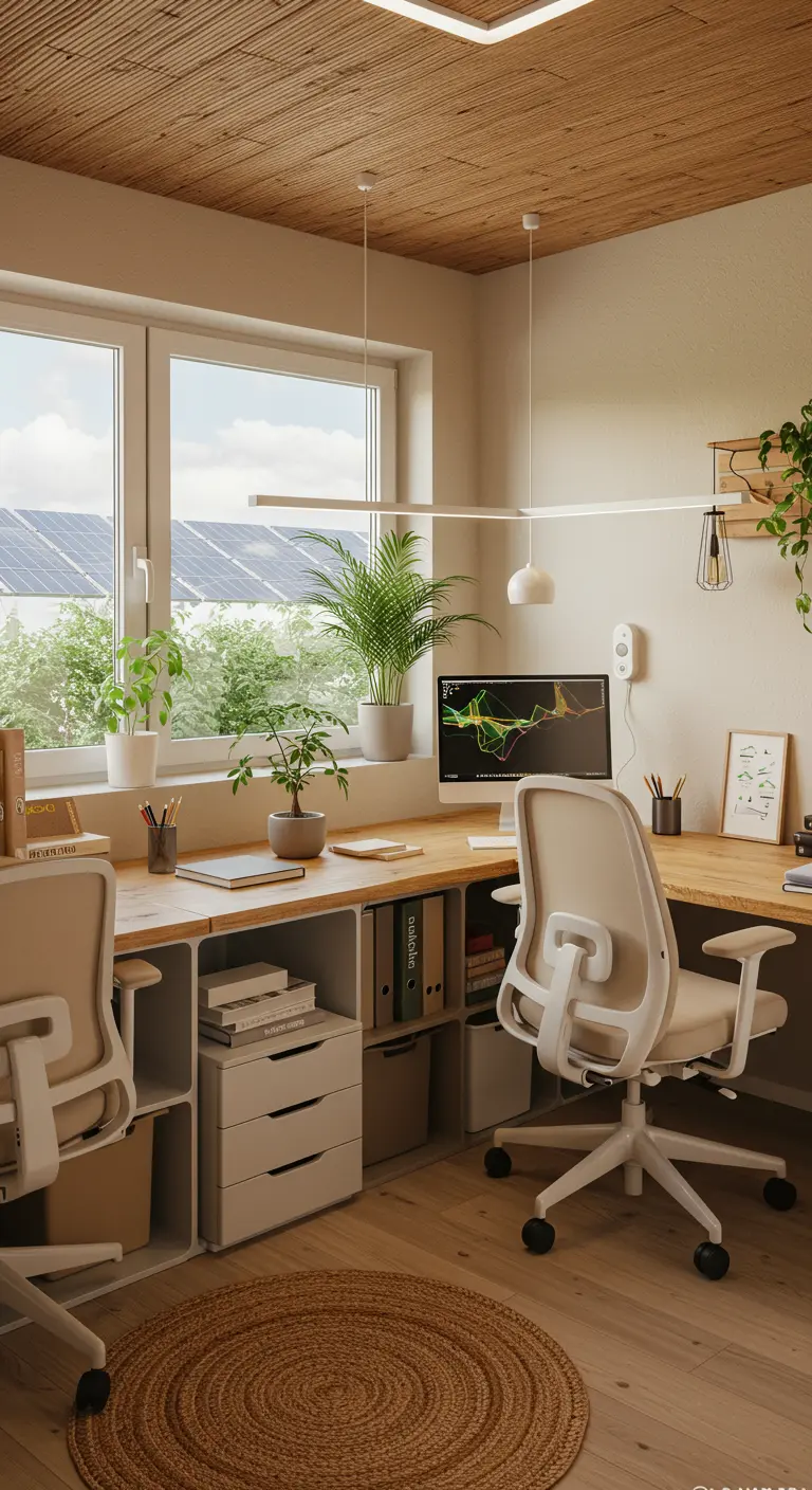 Grand bureau en L en bois clair sous une fenêtre, avec un plafond en bois et des luminaires modernes.