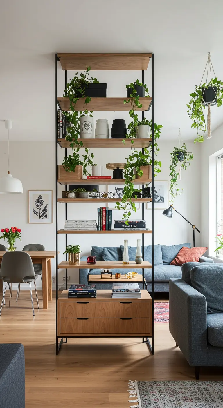 Étagère-échelle en bois et métal utilisée comme séparateur de pièce, garnie de livres et de plantes.
