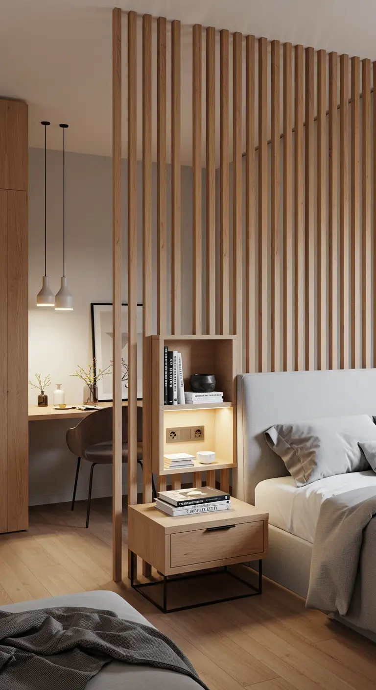 Claustra en bois séparant un coin lit d'un bureau, avec table de chevet intégrée.