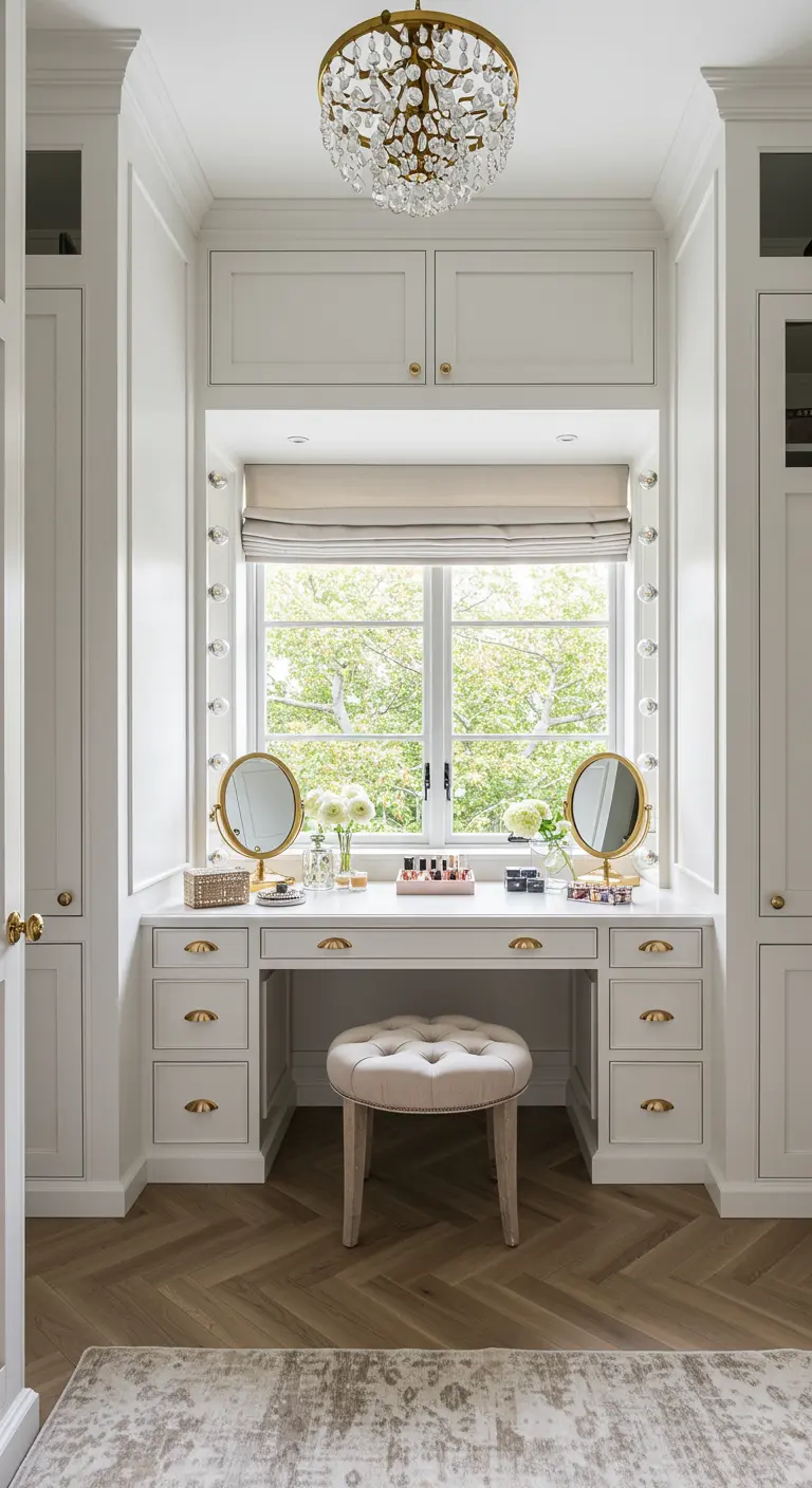 Coiffeuse blanche intégrée dans un dressing, avec miroir, éclairage de studio et tabouret capitonné.