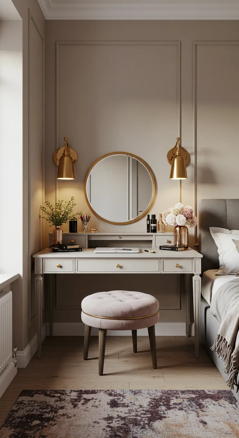 Coiffeuse élégante avec miroir rond et appliques dorées, utilisée comme bureau.
