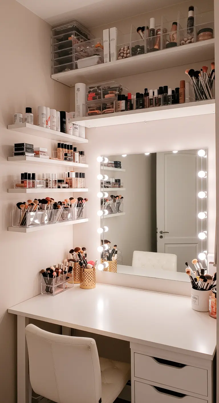 Un coin coiffeuse avec un miroir illuminé et des étagères murales blanches organisant le maquillage.