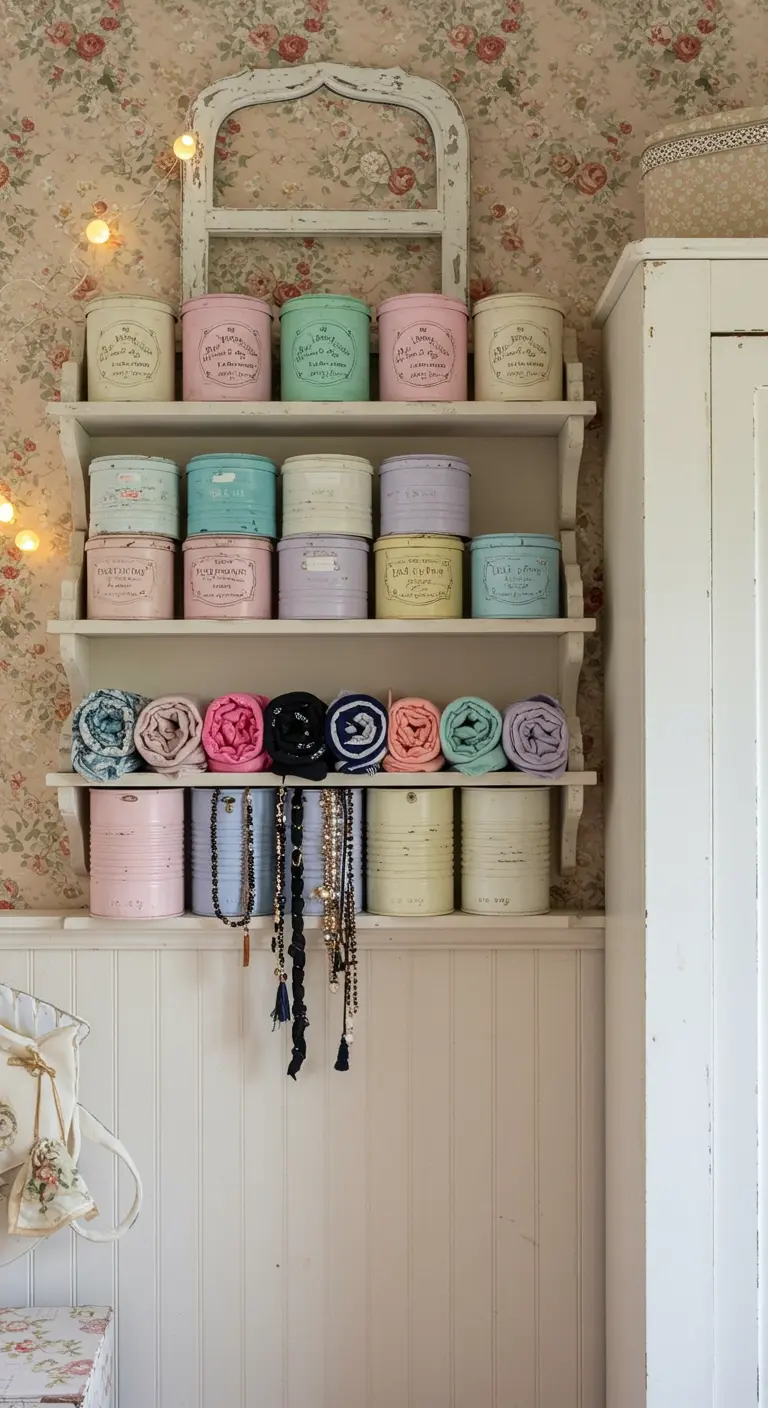 Des étagères blanches avec des boîtes en métal pastel vintage et des foulards colorés roulés.