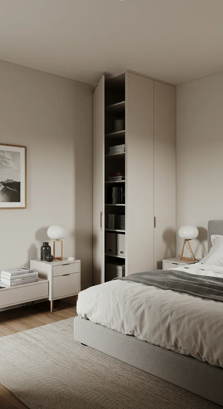 Armoire d'angle haute et fine dans une chambre minimaliste de couleur neutre.