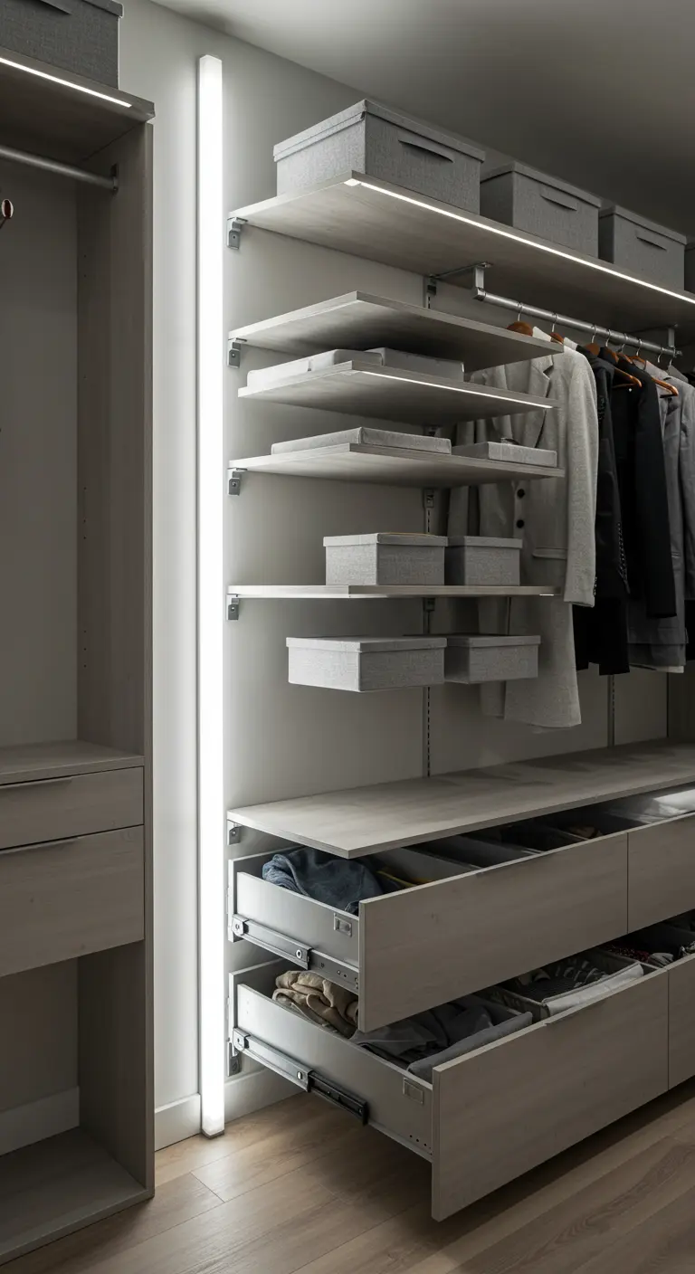 Dressing modulaire avec un long tube lumineux LED vertical à côté des tiroirs.